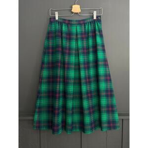 Vintage Pendleton Pure Wool Green Tartan Pleated Midi Skirt Size 10